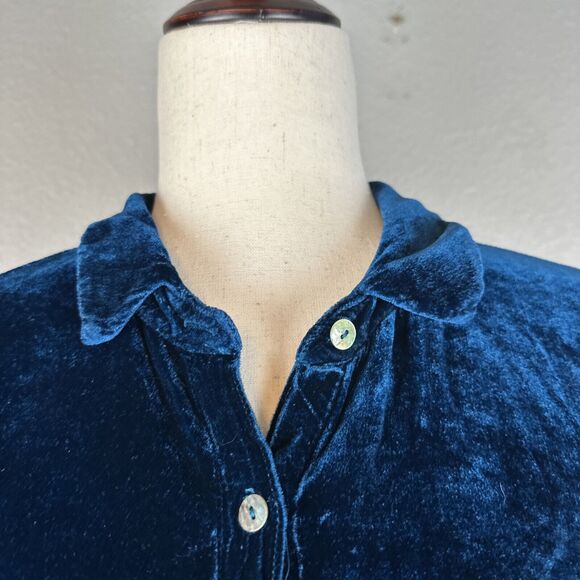 Cut Loose Womens Crushed Velvet Button Up Tunic Top M Medium Sapphire Blue - Picture 3 of 9